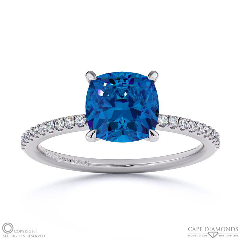 Sapphire Cushion Side Stone Claw Engagement Ring White Gold