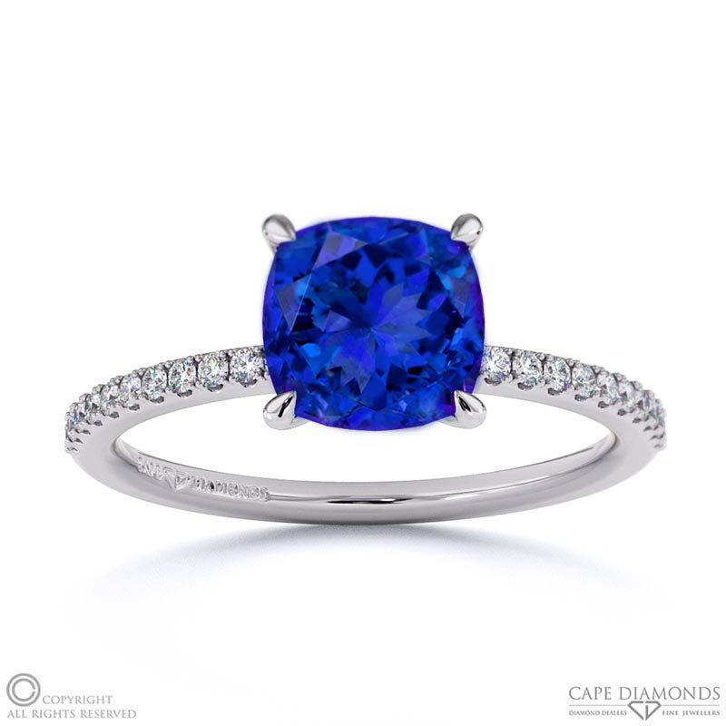 Tanzanite Cushion Side Stone Claw Engagement Ring White Gold