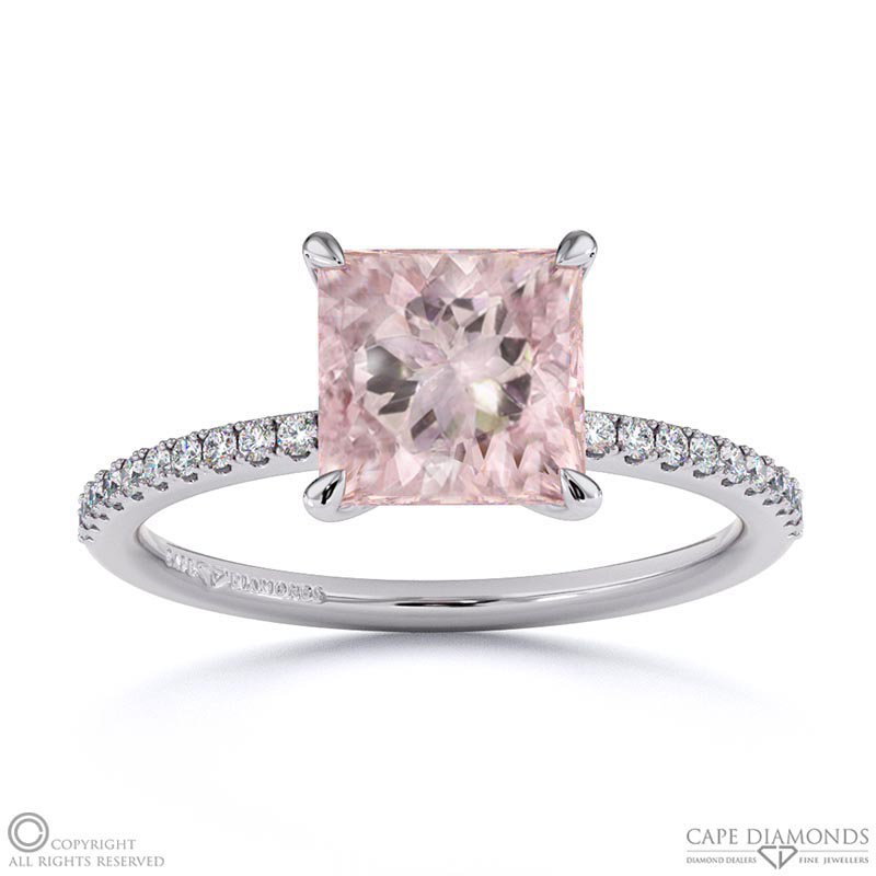 Morganite Princess Side Stone Claw Engagement Ring White Gold