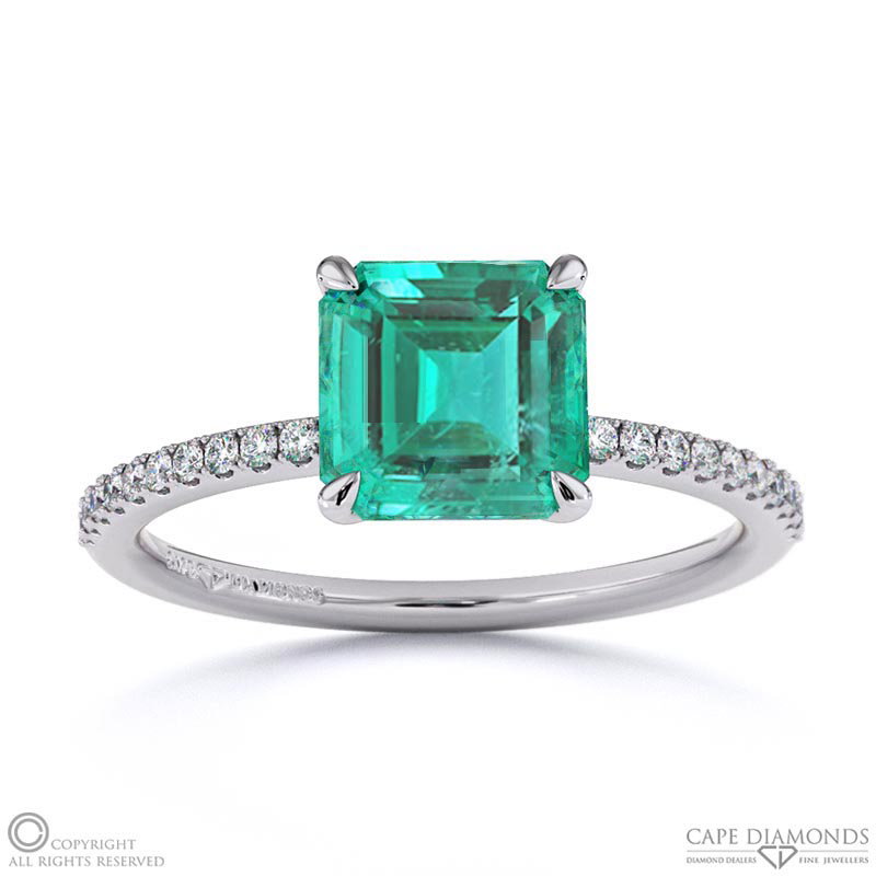 Emerald Asscher Side Stone Claw Engagement Ring White Gold