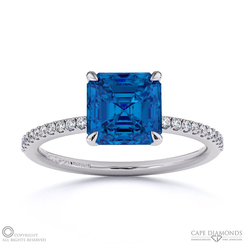 Sapphire Asscher Side Stone Claw Engagement Ring White Gold