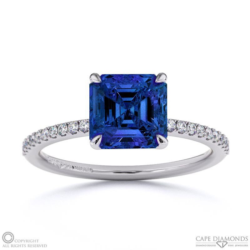 Tanzanite Asscher Side Stone Claw Engagement Ring White Gold