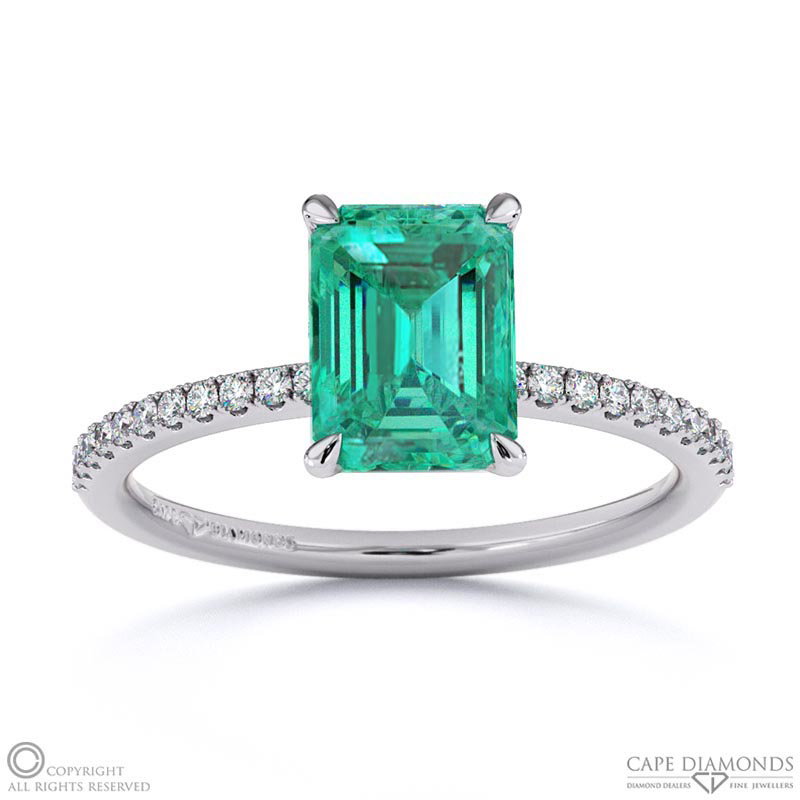 Tourmaline Emerald Cut Side Stone Claw Engagement Ring White Gold