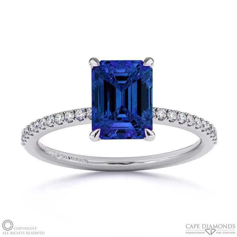 Tanzanite Emerald Side Stone Claw Engagement Ring White Gold