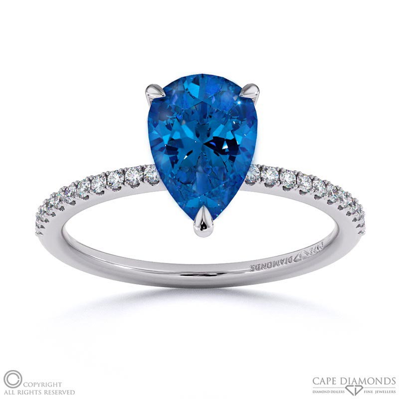 Sapphire Pear Side Stone Claw Engagement Ring White Gold