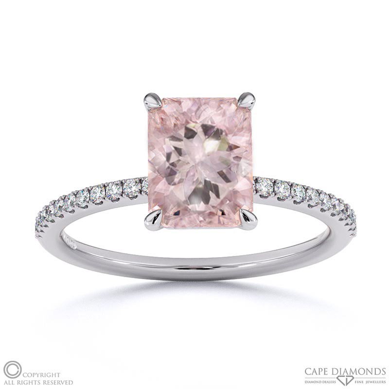 Morganite Radiant Side Stone Claw Engagement Ring White Gold