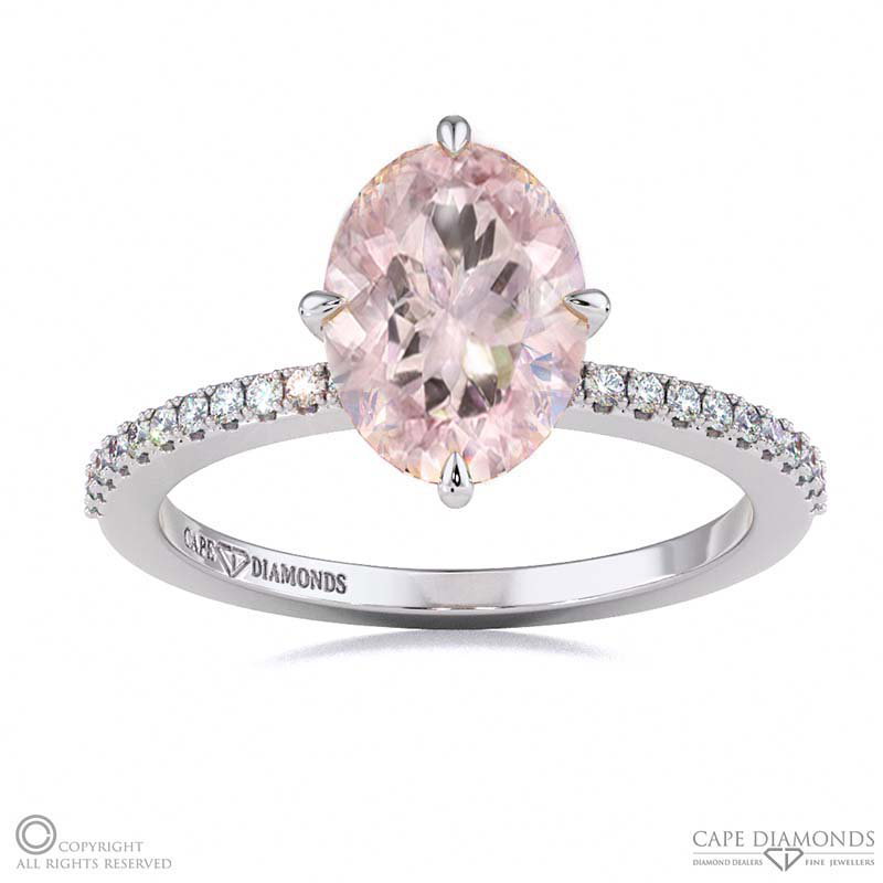 Morganite Four Claw Hidden Halo Engagement Ring White Gold