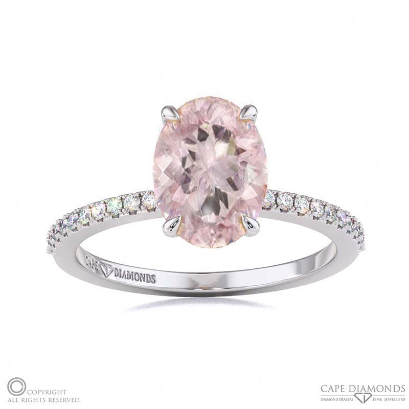 Morganite Oval Hidden Halo With Pave Side Diamonds Engagement Ring White Gold