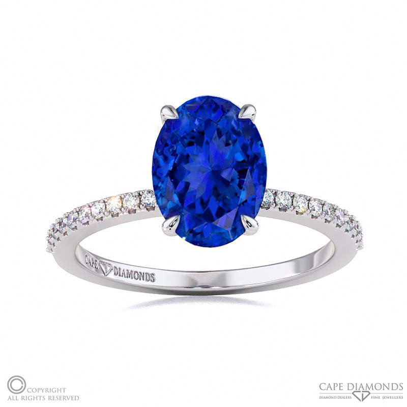 Tanzanite Oval Hidden Halo With Pave Side Diamonds Engagement Ring White Gold