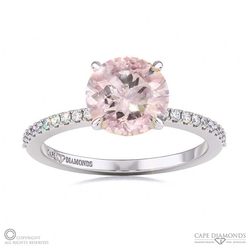 Morganite Four Claw Hidden Halo Side Diamond Engagement Ring White Gold