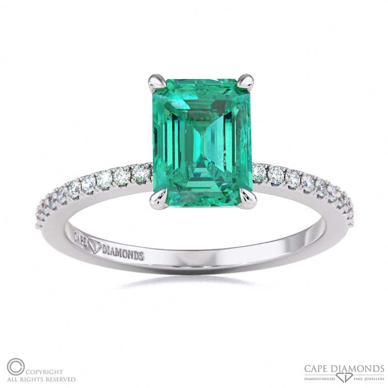 Tourmaline Low Hidden Halo Emerald Cut Engagement Ring White Gold