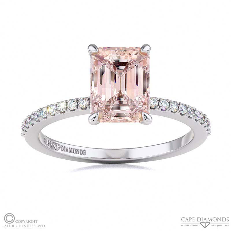 Morganite Low Hidden Halo Emerald Cut Engagement Ring White Gold