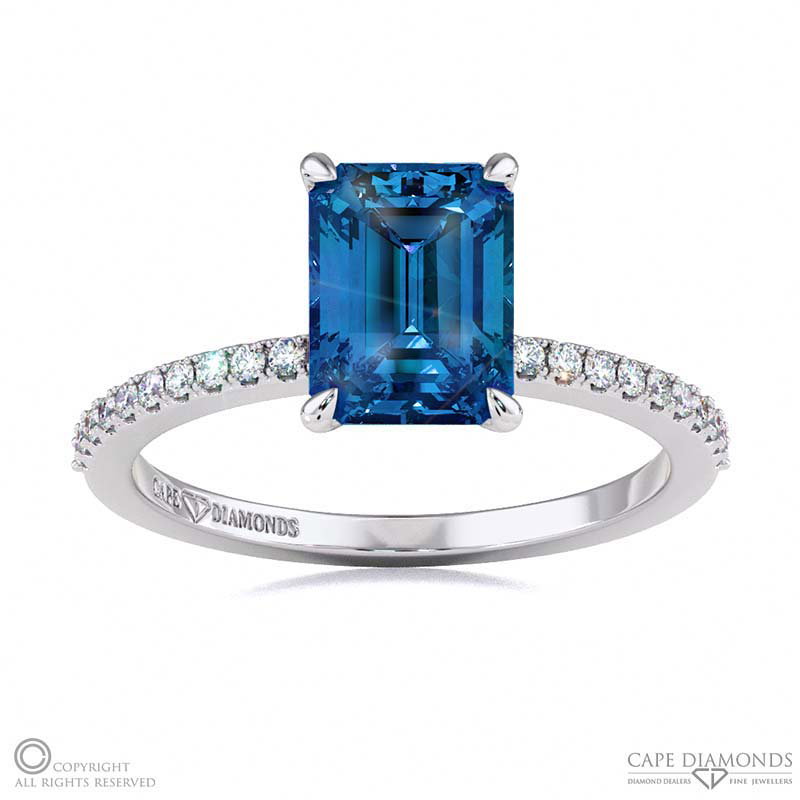 Sapphire Low Hidden Halo Emerald Cut Engagement Ring White Gold