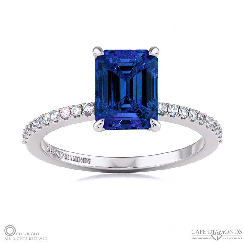 Tanzanite Low Hidden Halo Emerald Cut Engagement Ring White Gold