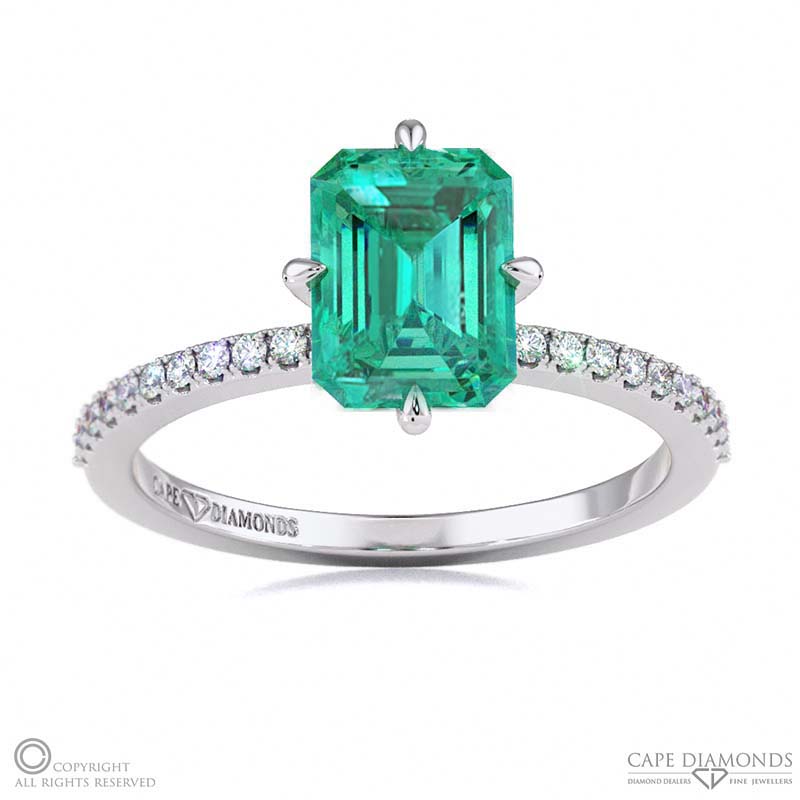 Tourmaline Low Hidden Halo Emerald Cut Cross Claws Engagement Ring White Gold