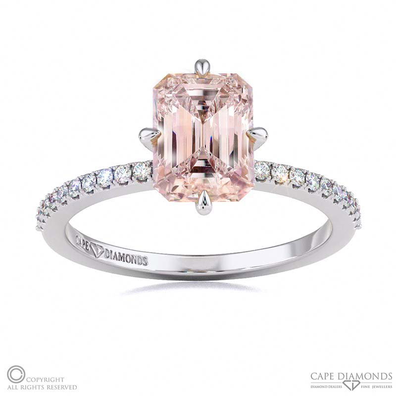 Morganite Low Hidden Halo Emerald Cut Cross Claws Engagement Ring White Gold