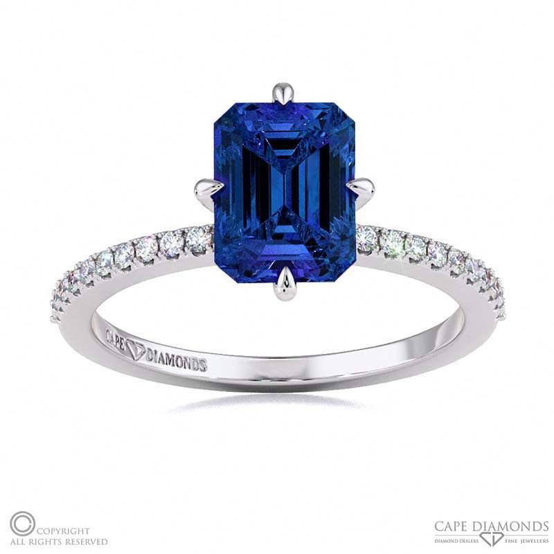 Tanzanite Low Hidden Halo Emerald Cut Cross Claws Engagement Ring White Gold