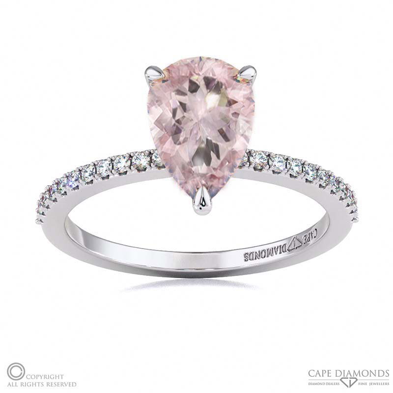 Morganite Low Hidden Halo Pear Cut Engagement Ring White Gold
