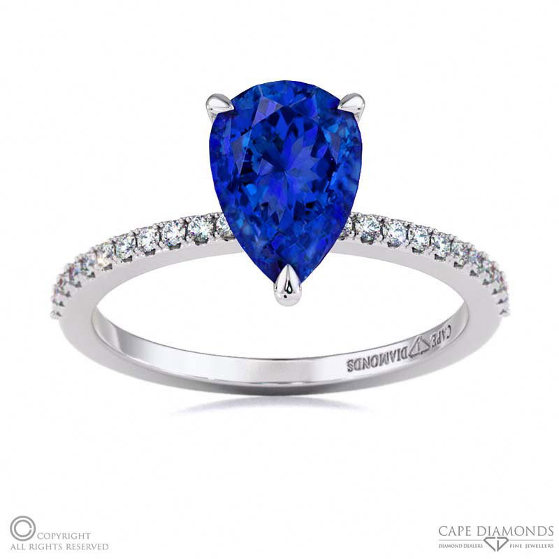 Tanzanite Low Hidden Halo Pear Cut Engagement Ring White Gold
