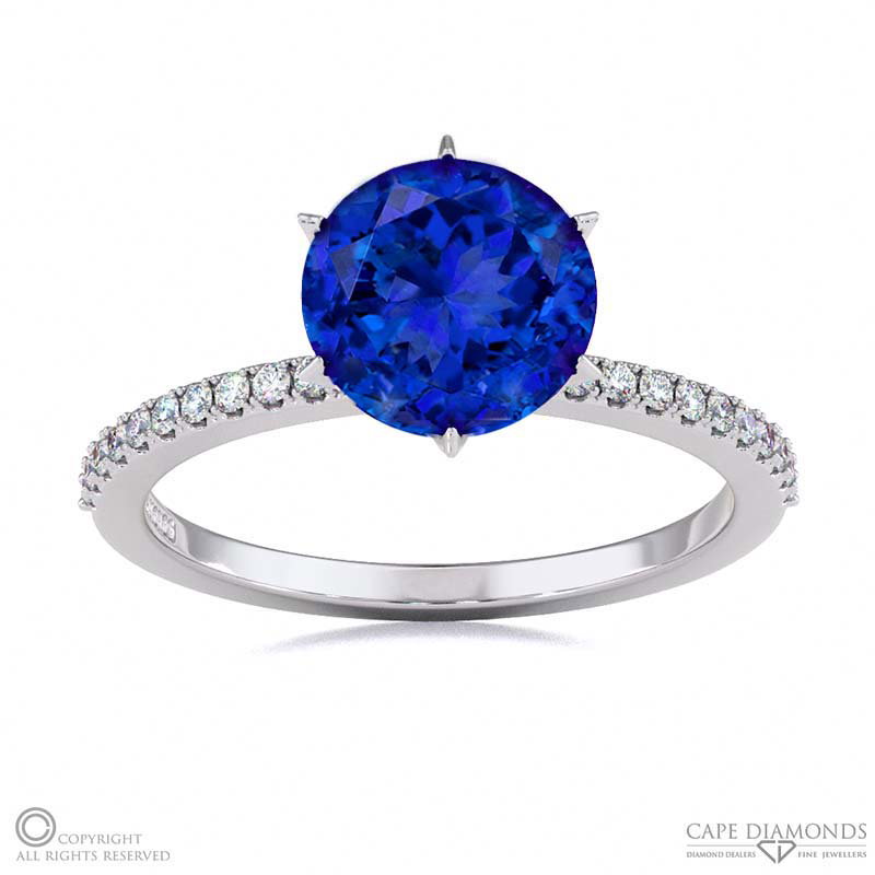 Lady Liberty Tanzanite Round Cut Side Stone Engagement Ring White Gold