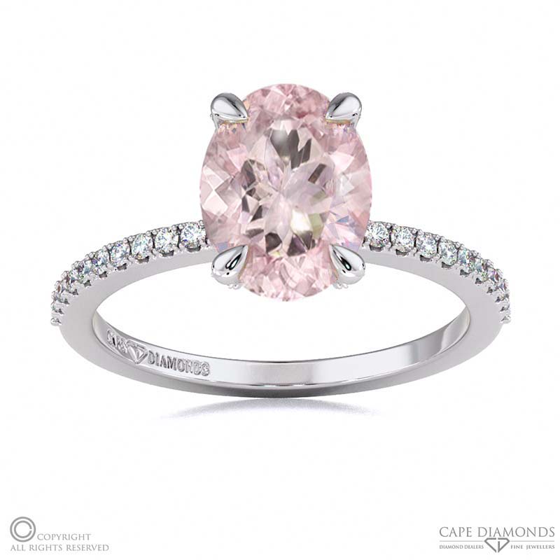 Morganite Hidden Halo Claw Set Oval Side Stone Engagement Ring White Gold