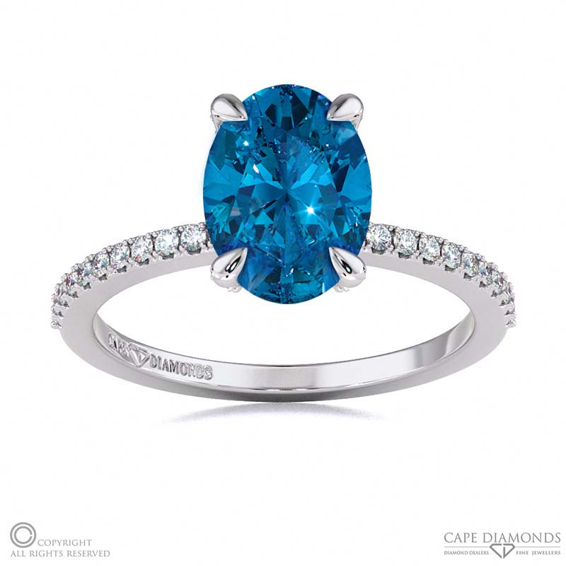 Sapphire Hidden Halo Claw Set Oval Side Stone Engagement Ring White Gold