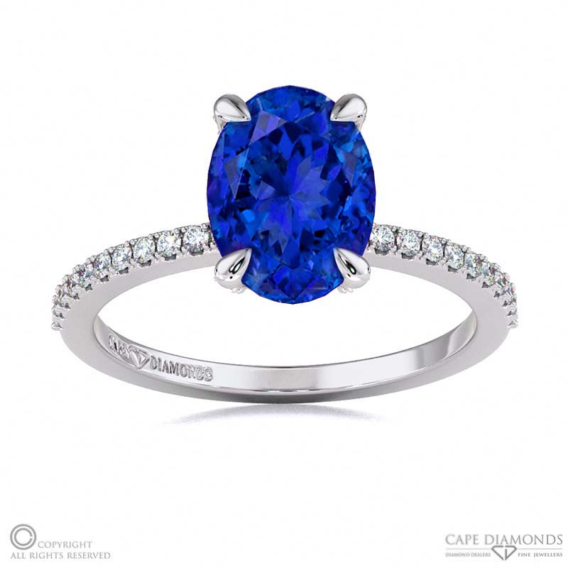 Tanzanite Hidden Halo Claw Set Oval Side Stone Engagement Ring White Gold