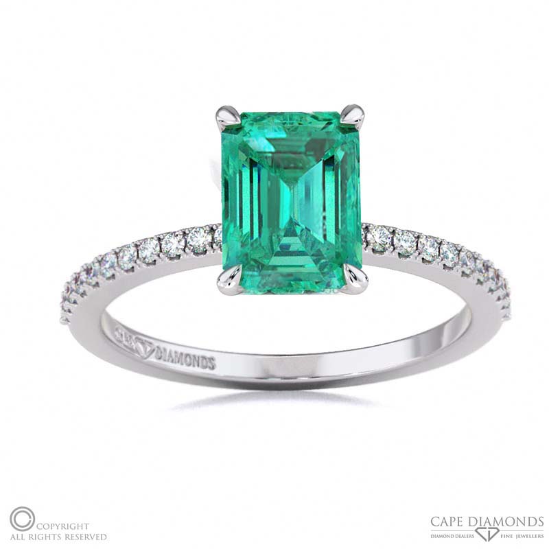 Tourmaline Hidden Halo Emerald Cut Side Stone Engagement Ring White Gold