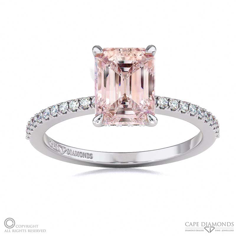 Morganite Hidden Halo Emerald Cut Side Stone Engagement Ring White Gold