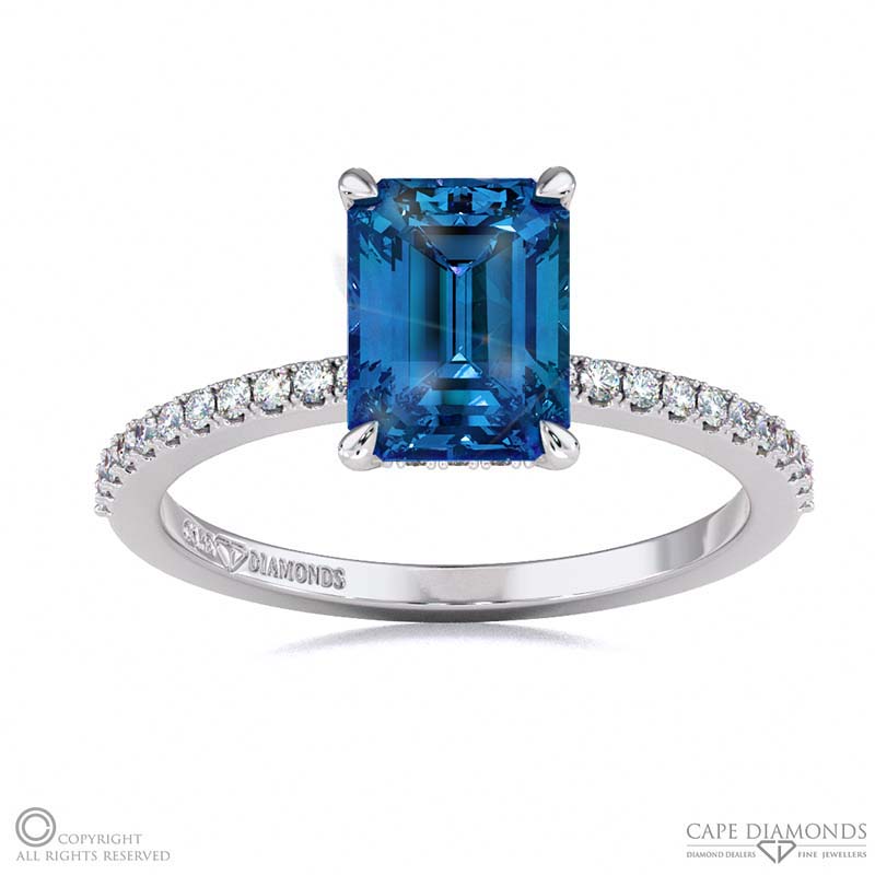 Sapphire Hidden Halo Emerald Cut Side Stone Engagement Ring White Gold