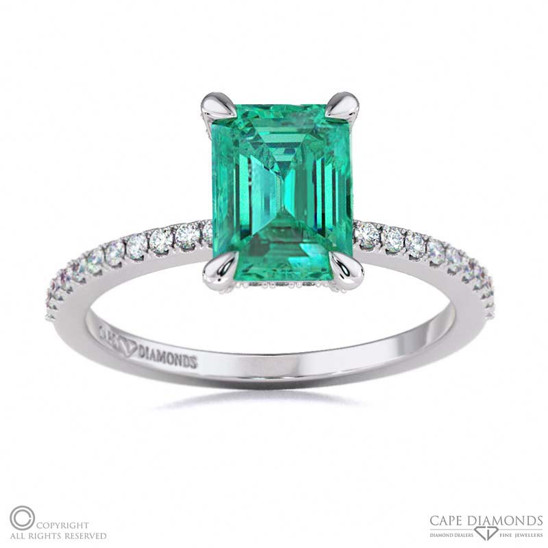 Tourmaline Hidden Halo Claw Set Emerald Cut Side Stone Engagement Ring White Gold
