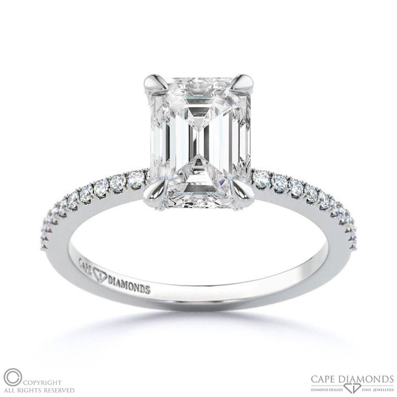 Pavé Lab Grown Diamond Covered Four-Claw Semi-Hidden Halo Emerald Engagement Ring White Gold
