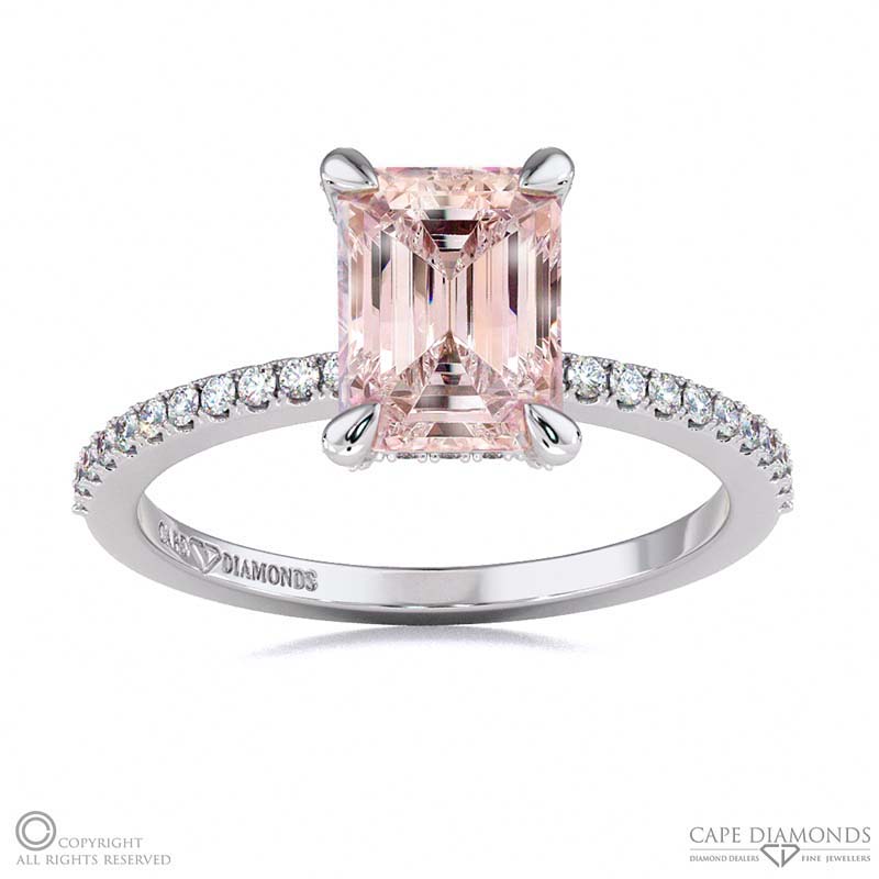 Morganite Hidden Halo Claw Set Emerald Cut Side Stone Engagement Ring White Gold