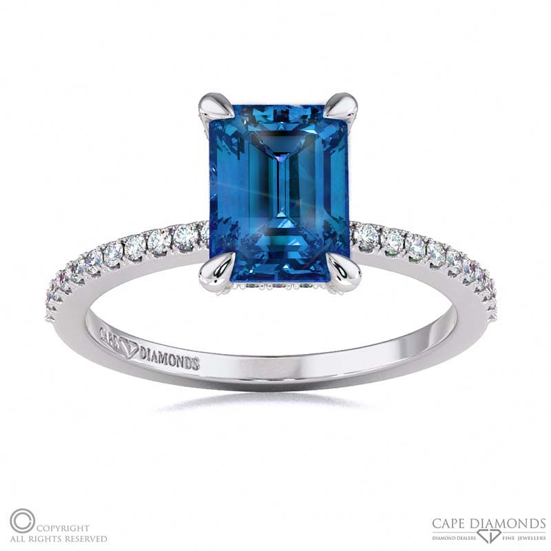 Sapphire Hidden Halo Claw Set Emerald Cut Side Stone Engagement Ring White Gold