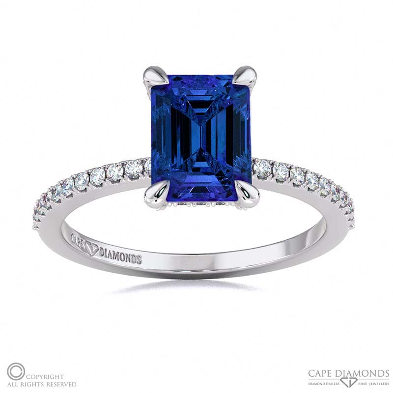 Tanzanite Hidden Halo Claw Set Emerald Cut Side Stone Engagement Ring White Gold