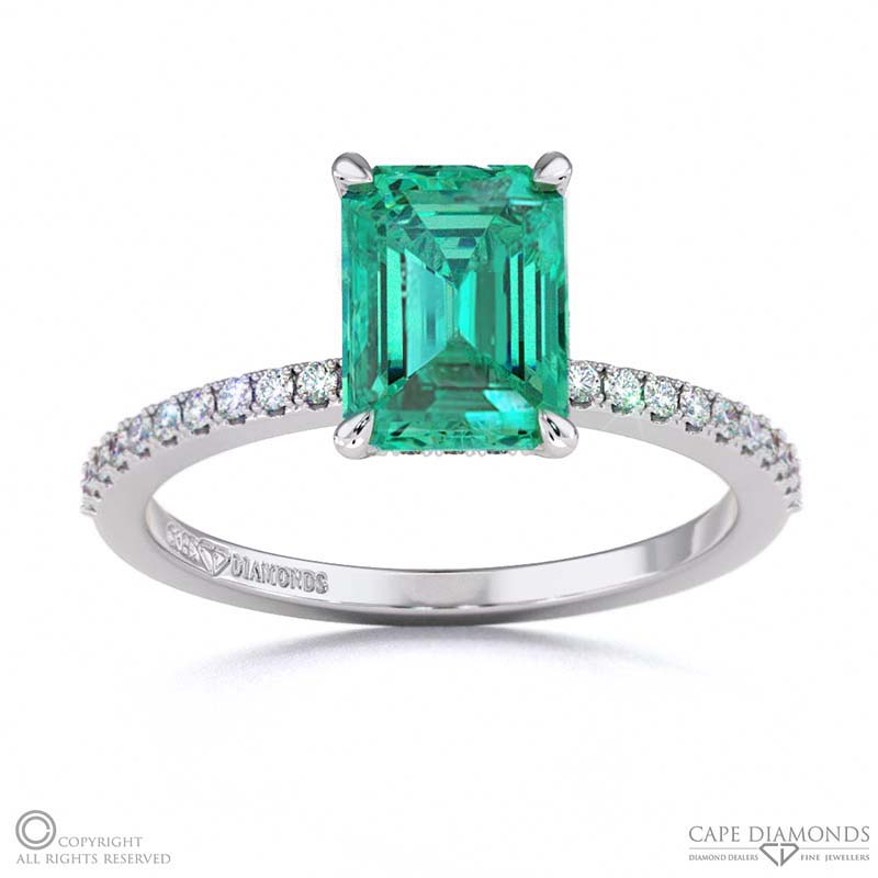 Tourmaline Emerald Cut Double Hidden Halo Side Stone Engagement Ring White Gold