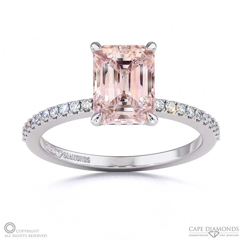 Morganite Emerald Double Hidden Halo Side Stone Engagement Ring White Gold