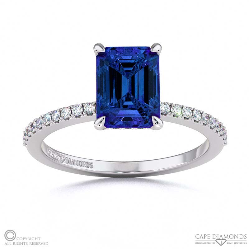 Tanzanite Emerald Double Hidden Halo Side Stone Engagement Ring White Gold