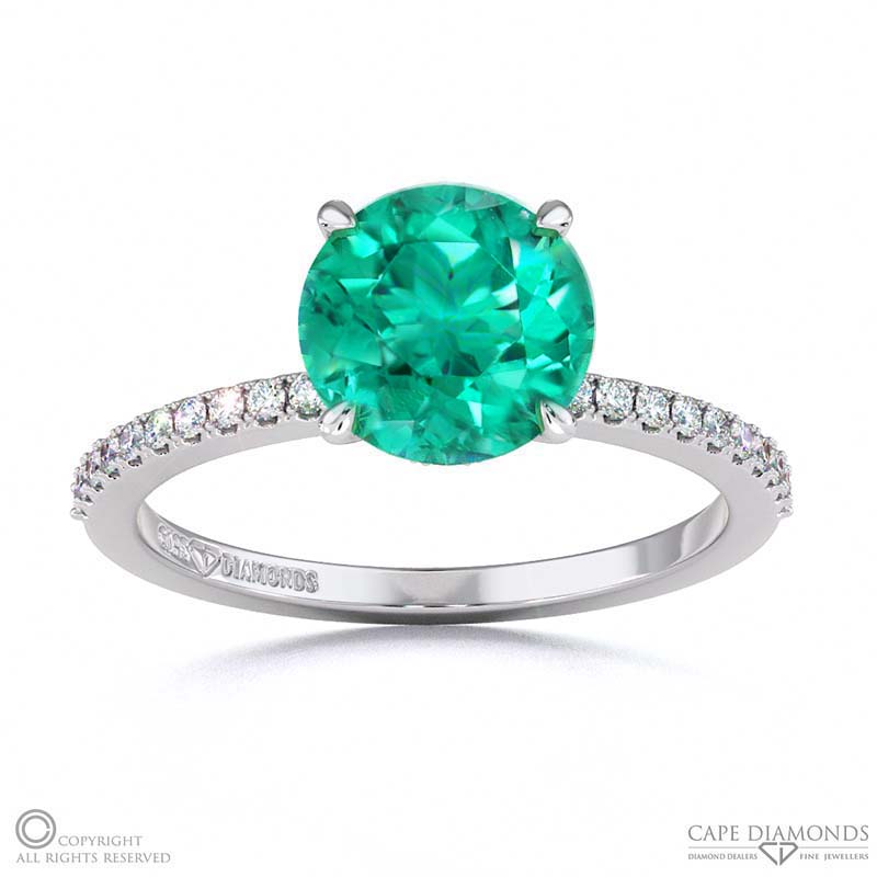 Emerald Double Hidden Halo Round Cut Side Stone Engagement Ring White Gold