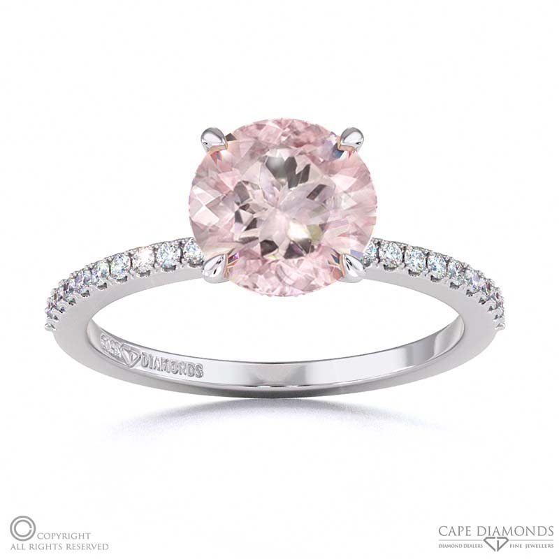 Morganite Double Hidden Halo Round Cut Side Stone Engagement Ring White Gold