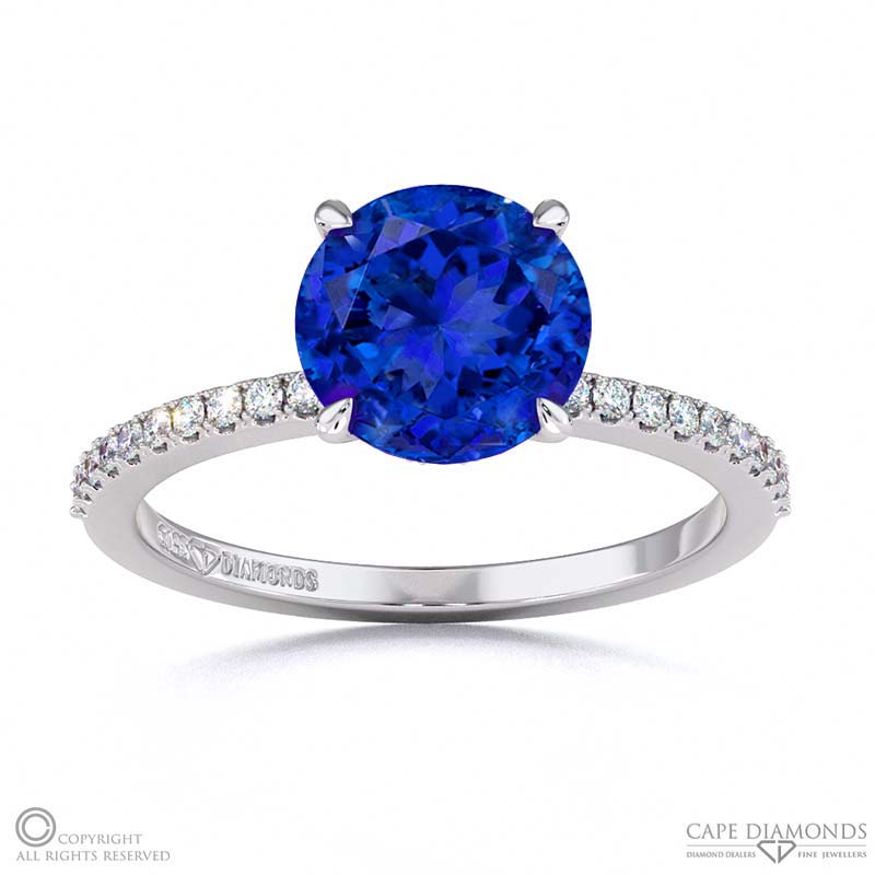 Tanzanite Double Hidden Halo Round Cut Side Stone Engagement Ring White Gold