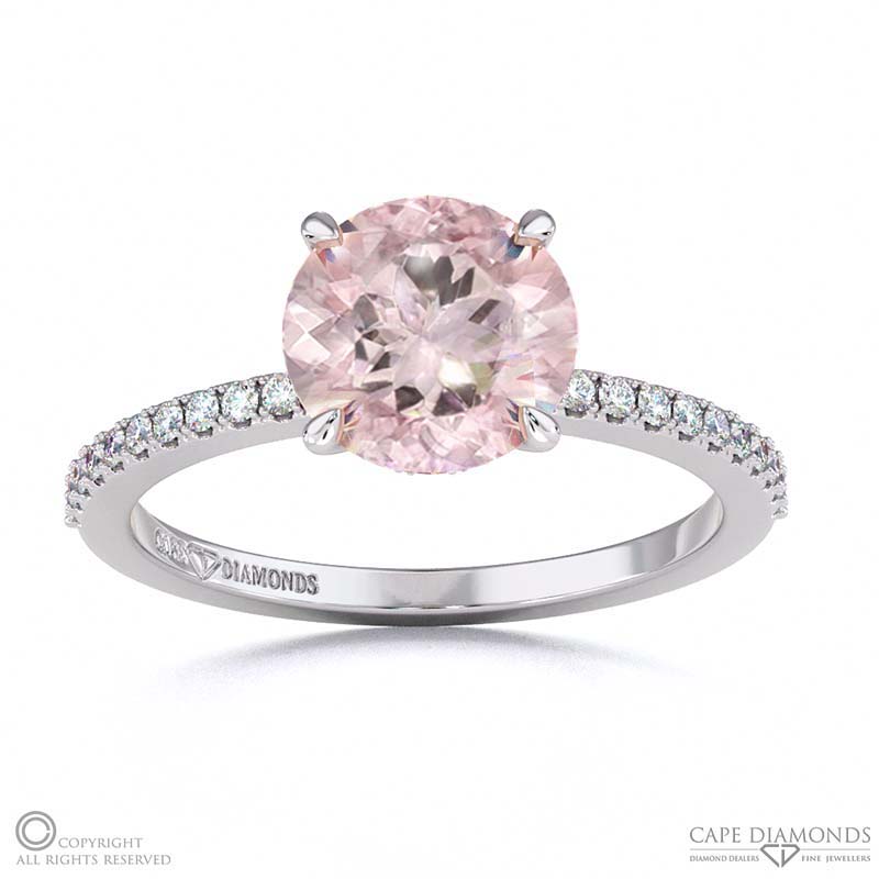 Morganite Hidden Halo Round Side Stone Engagement Ring White Gold