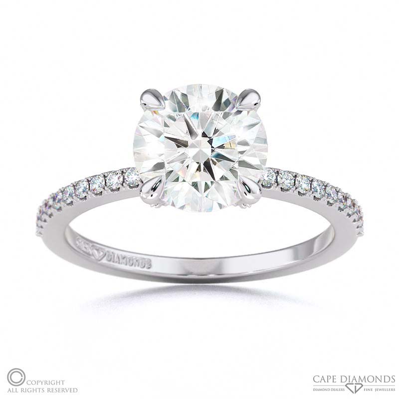 Embellished Four Cat-Claw Round Lab Grown Diamond Engagement Ring White Gold Setting Covered In Petit Pavé Diamonds