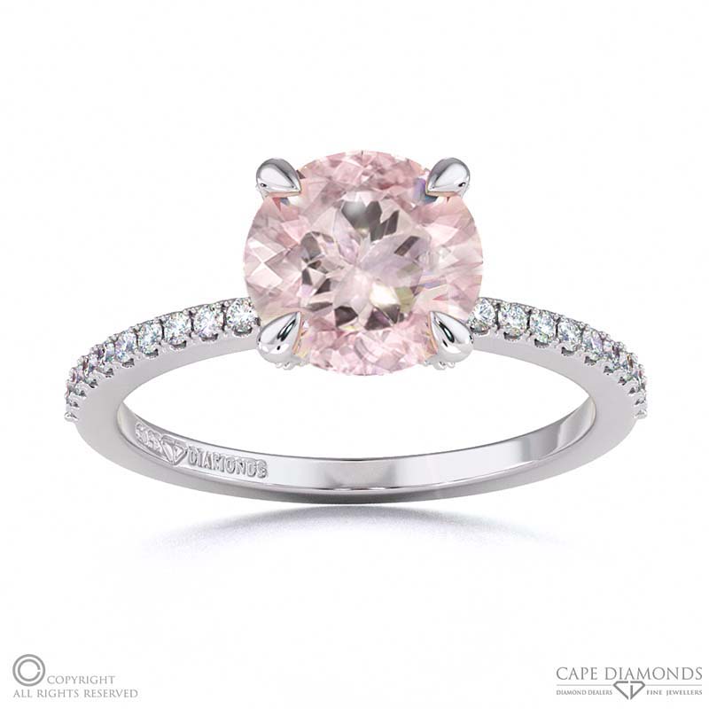 Morganite Hidden Halo Round Cut Claw Set Side Stone Engagement Ring White Gold
