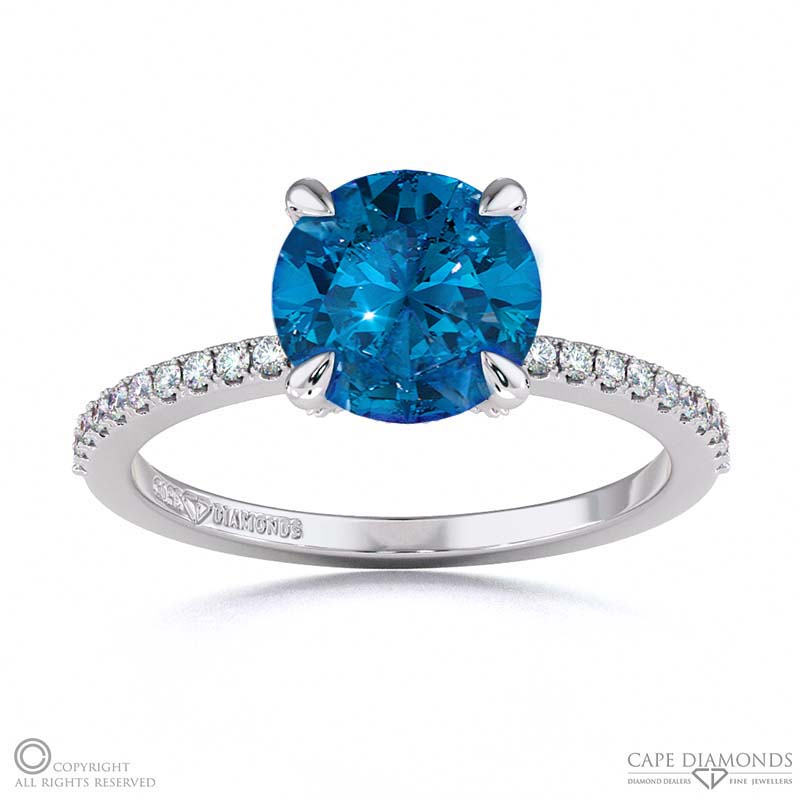 Sapphire Hidden Halo Round Cut Claw Set Side Stone Engagement Ring White Gold