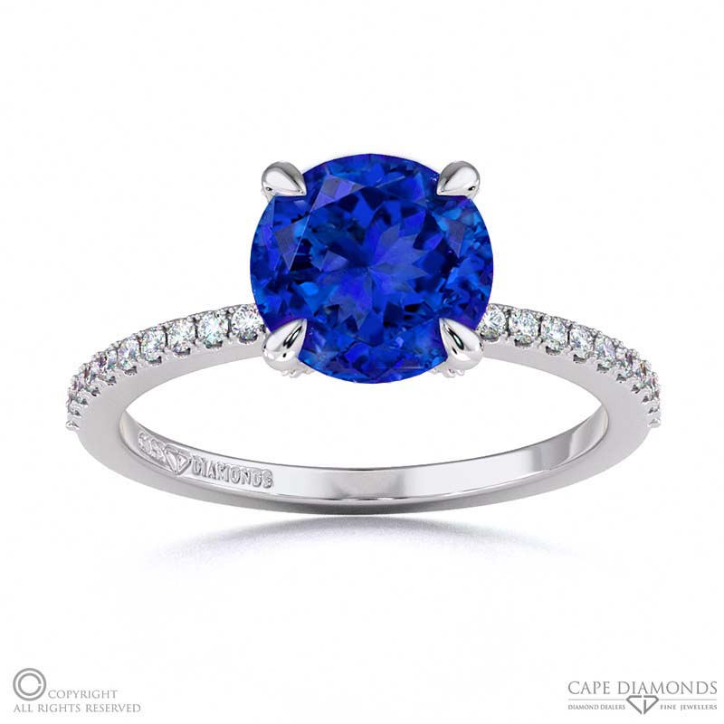 Tanzanite Hidden Halo Round Cut Claw Set Side Stone Engagement Ring White Gold