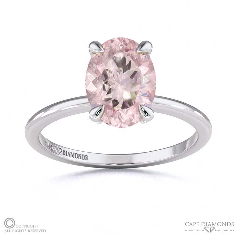 Morganite Hidden Halo Oval Claw Set Diamonds Solitaire Engagement Ring White Gold