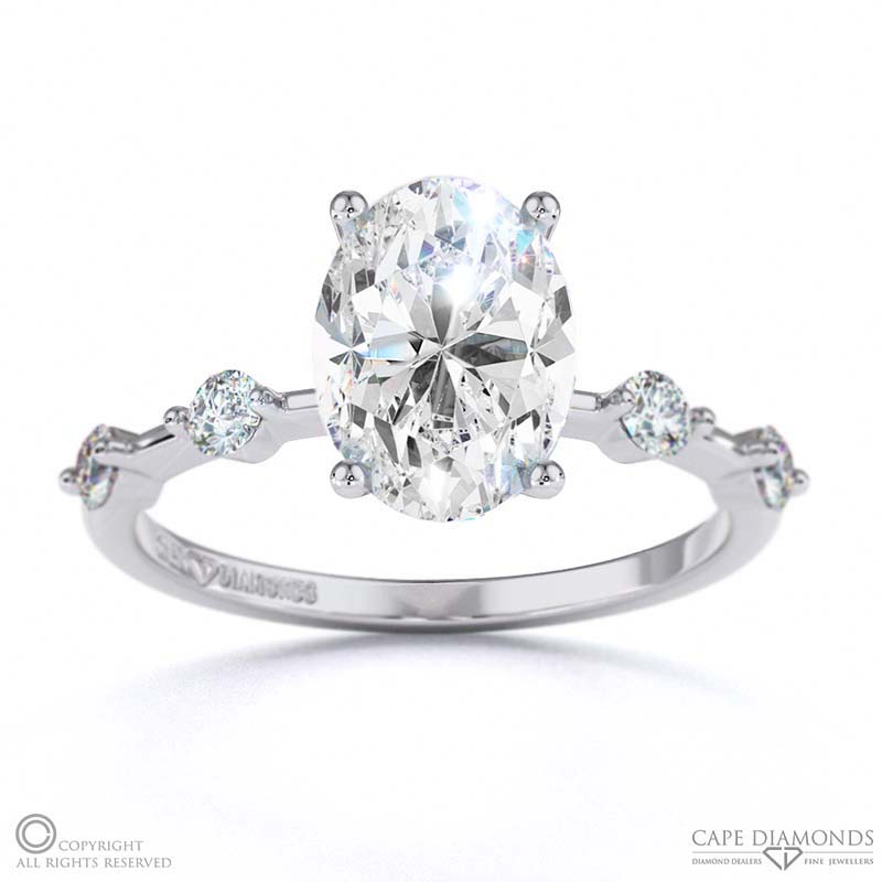 Four Prong Oval Lab Grown Diamond Engagement Ring White Gold With Side Diamond Drops