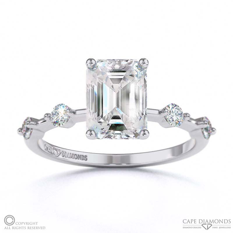 Four Prong Emerald Lab Grown Diamond Halo Engagement Ring White Gold With Side Diamond Drops