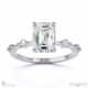 four prong emerald lab grown diamond halo engagement ring white gold with side diamond drops with 9k white gold metal and emerald shape diamond